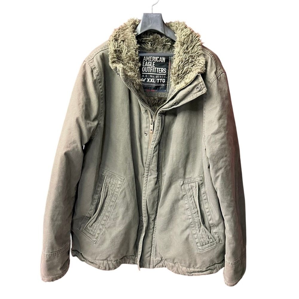 Y2K American Eagle Jacket Mens XXL Green Faux Fur Lined Canvas Full Zip Coat